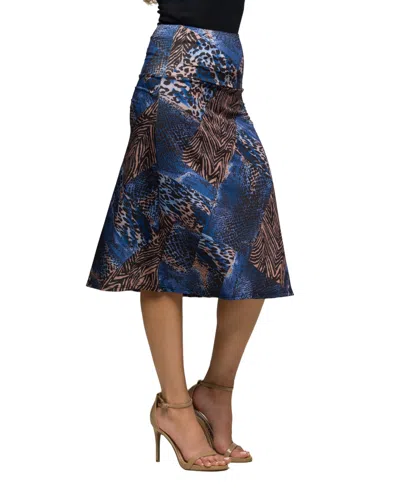 24seven Comfort Apparel Women's Blue Animal Print Knee Length Skirt In Multi