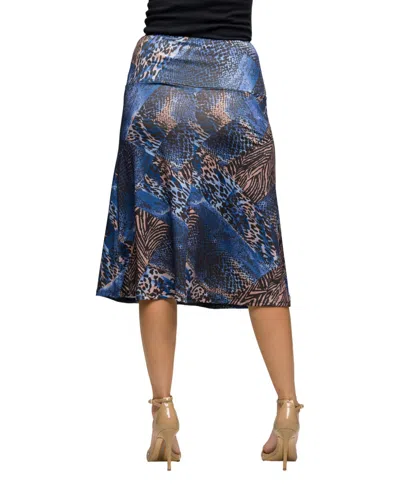 24seven Comfort Apparel Women's Blue Animal Print Knee Length Skirt In Multi