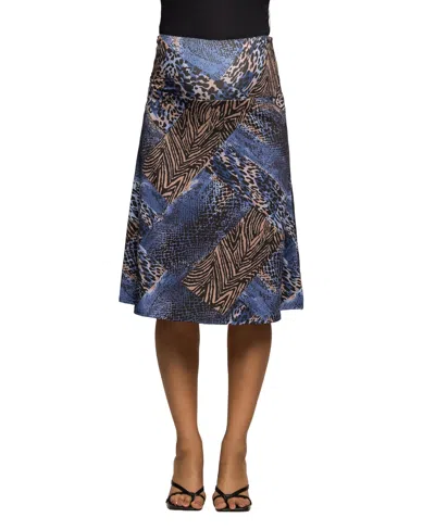 24seven Comfort Apparel Women's Blue Animal Print Knee Length Skirt In Multi