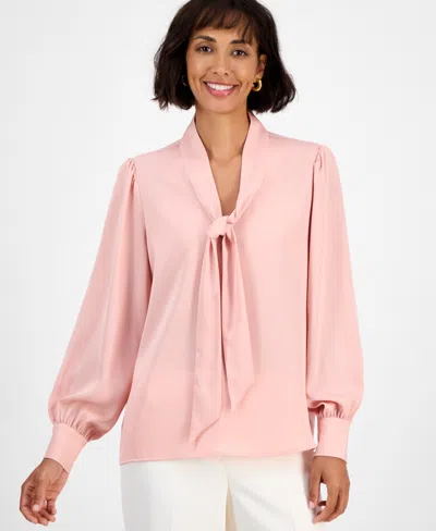 T Tahari Long Sleeve Bow Tie Neck Blouse In Pink