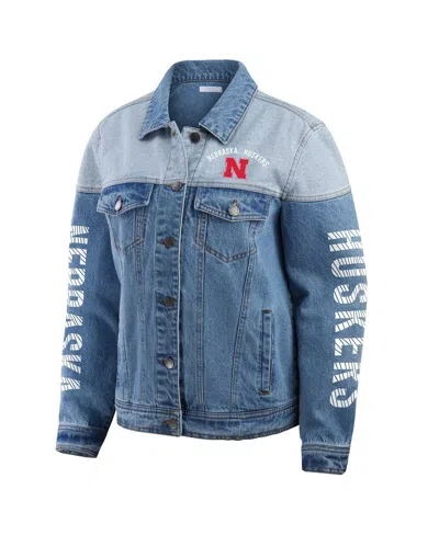 Wear By Erin Andrews Women's Denim Nebraska Huskers Sleeve Hit Color Block Button-down Denim Jacket In Blue