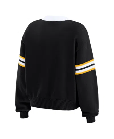 Wear By Erin Andrews Women's Black Boston Bruins Cropped Lace-up Sweater In Animal Print