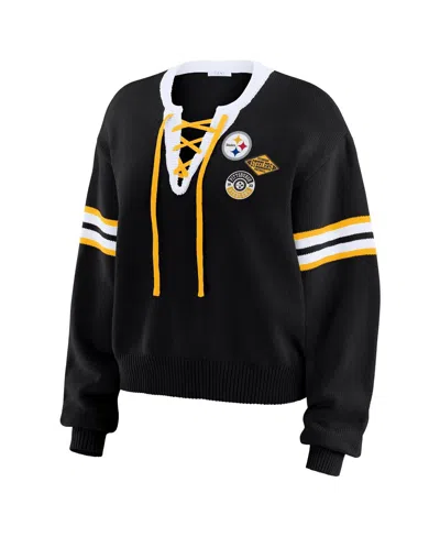 Wear By Erin Andrews Women's Black Boston Bruins Cropped Lace-up Sweater In Animal Print