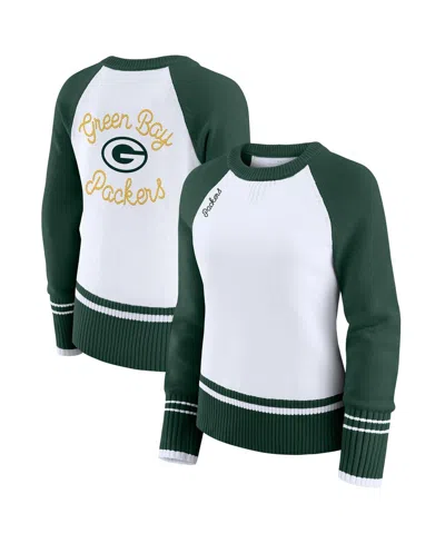 Wear By Erin Andrews Women's White/green Green Bay Packers Color Block Raglan Sweater In Multi