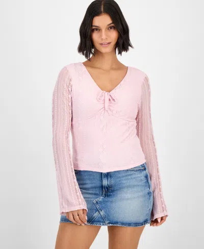 Ultra Flirt Juniors' Lace V-neck Bell-sleeve Top In Pink