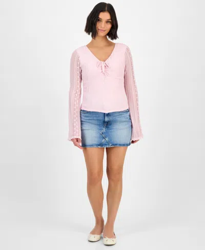 Ultra Flirt Juniors' Lace V-neck Bell-sleeve Top In Pink