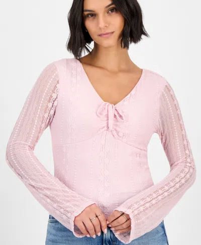 Ultra Flirt Juniors' Lace V-neck Bell-sleeve Top In Pink