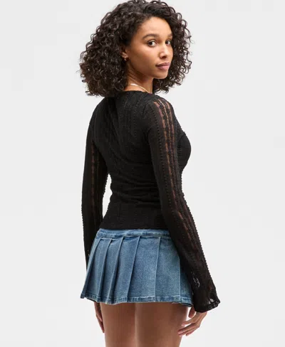 Ultra Flirt Juniors' Lace V-neck Bell-sleeve Top In Black