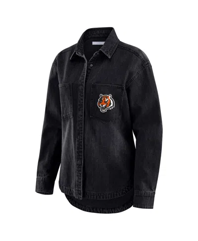 Wear By Erin Andrews Women's Black Cincinnati Bengals Washed Oversized Denim Full-snap Shacket In Black