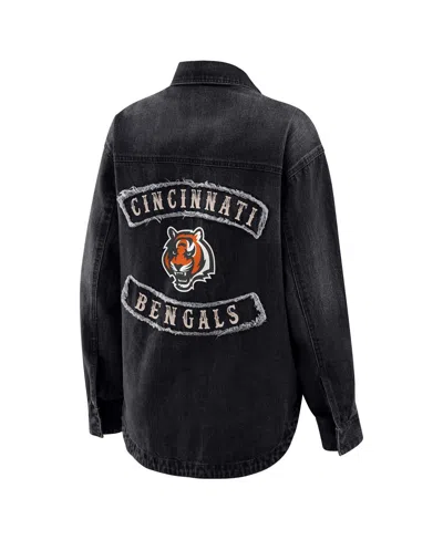 Wear By Erin Andrews Women's Black Cincinnati Bengals Washed Oversized Denim Full-snap Shacket In Black