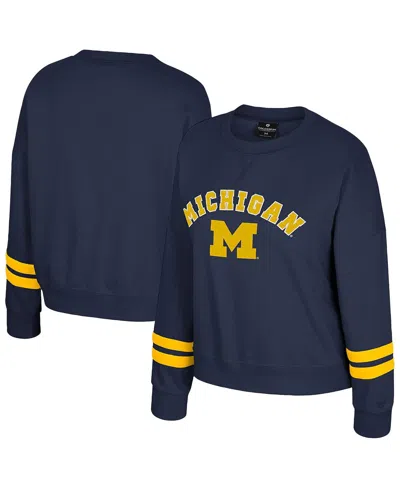 Colosseum Women's Navy Michigan Wolverines Splashy Crewneck Fleece Sweatshirt In Blue