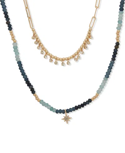 Lonna & Lilly Gold-tone Blue Two Row Beaded Star Necklace In Gold