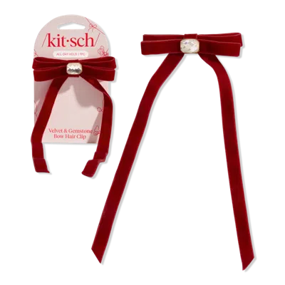 Kitsch Velvet & Gemstone Bow Hair Clip In Red