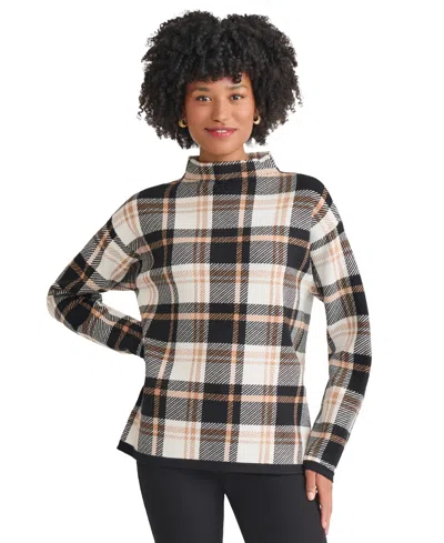 Jones New York Women's Birdseye Plaid Funnel Mock Neck Sweater In Brown