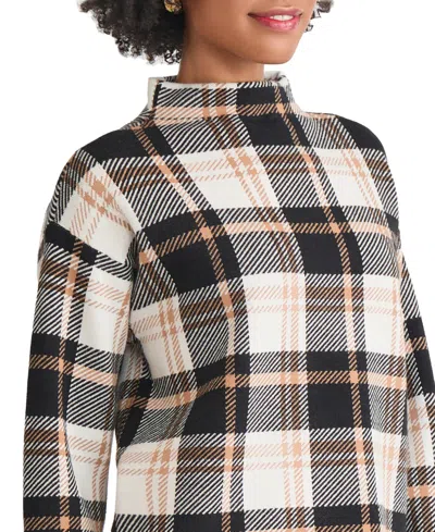 Jones New York Women's Birdseye Plaid Funnel Mock Neck Sweater In Brown