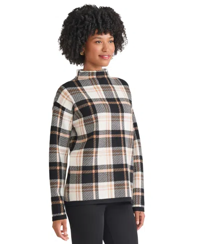 Jones New York Women's Birdseye Plaid Funnel Mock Neck Sweater In Brown