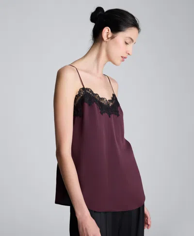Kenneth Cole Lace Trim Satin Cami In Burgundy