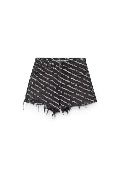 Alexander Wang Omens Grey Aged White Logo-print Bite Denim Shorts In Black