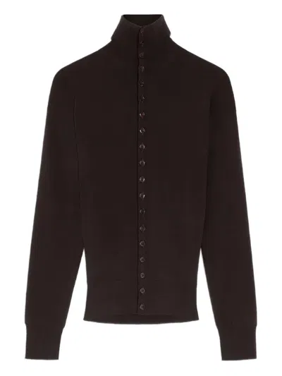Lemaire Wool Cardigan Featuring High Collar And Ribbed Cuffs In Brown