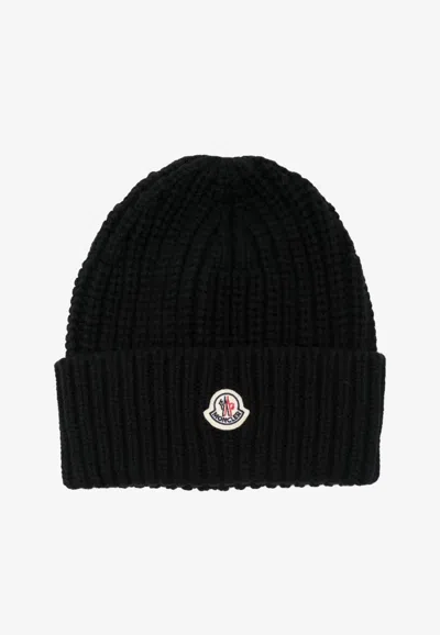 Moncler Logo Patch Cuff Virgin Wool Rib Beanie In Black