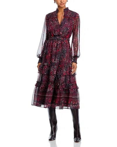 Aqua Long Sleeve Paisley Border Dot Midi Dress - Exclusive In Burgundy