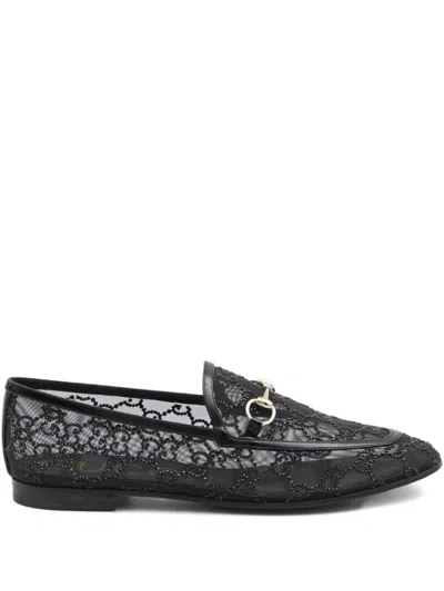 Gucci Almond Toe Mesh Loafers Embellished With Crystals In Black
