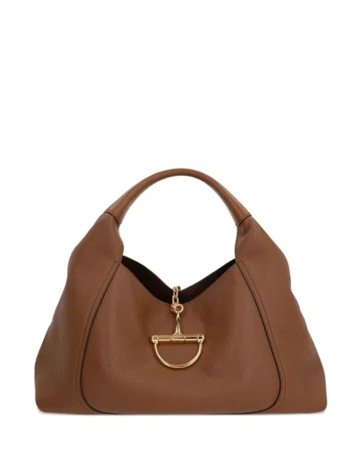Gucci Brown Softbit Grained Calf Leather Shoulder Bag In Nude