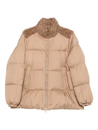 Moncler Puffer Jacket With High Collar And Pockets In Brown
