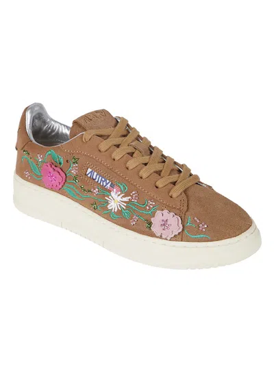 Autry Dallas Low Sneakers With Embroidered Floral Details In Brown