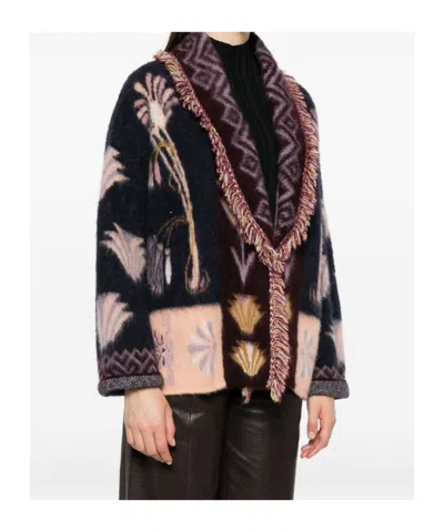Forte Forte Sogni Multicolor Cardigan With Fringed Details And All-over Geometric Motif In Wool Blend Woman In Multi