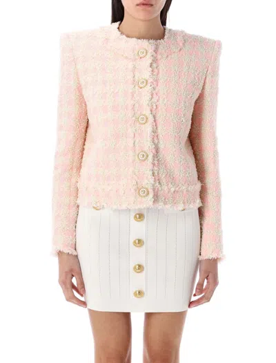 Balmain 5-button Textured Tweed Jacket In Pink