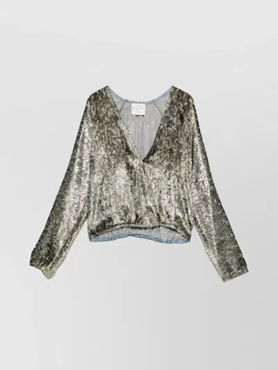 Forte Forte Metallic V-neck Long Sleeve Top In Gray