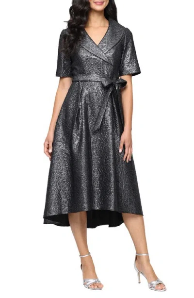 Alex Evenings Faux Wrap Metallic Jacquard Cocktail Midi Dress In Gray