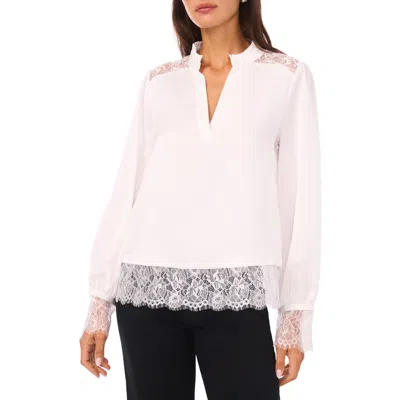 Vince Camuto Ruffle & Lace Trim Hammered Satin Top In White