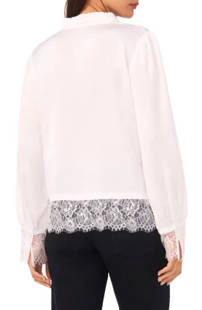 Vince Camuto Ruffle & Lace Trim Hammered Satin Top In White
