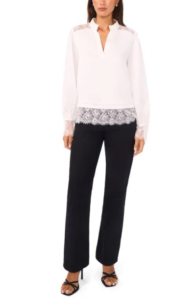 Vince Camuto Ruffle & Lace Trim Hammered Satin Top In White