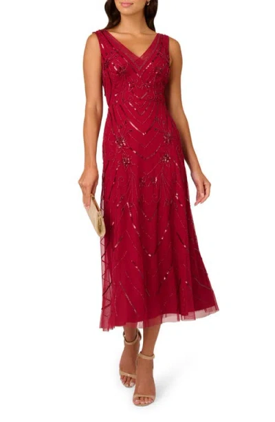 Adrianna Papell Embellished Mesh Cocktail Dress In Red