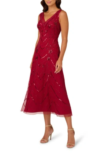 Adrianna Papell Embellished Mesh Cocktail Dress In Red