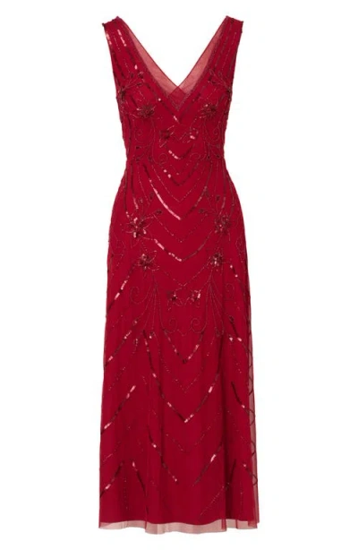Adrianna Papell Embellished Mesh Cocktail Dress In Red