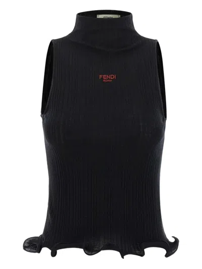Fendi High Neck Fitted Sleeveless Top With Ruffles Clothing In Black