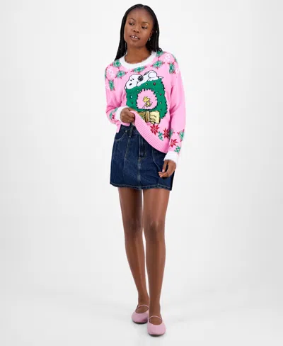 Hooked Up By Iot Juniors' Snoopy Wreath Sweater In Pink