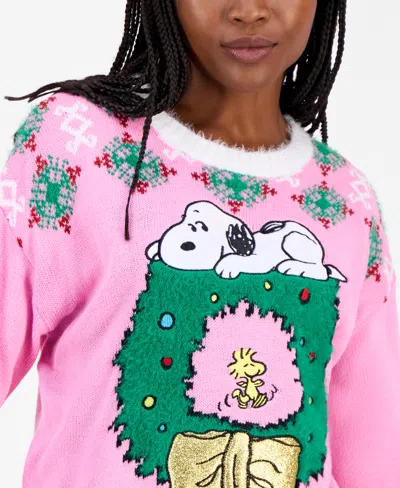 Hooked Up By Iot Juniors' Snoopy Wreath Sweater In Pink