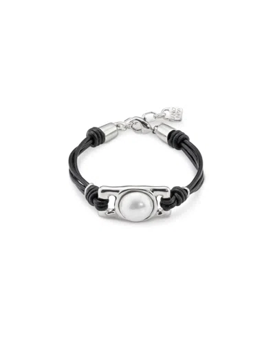 Unode50 Sterling Silver Leather Strap Rectangular Bead Bracelet In Black