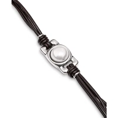 Unode50 Sterling Silver Leather Strap Rectangular Bead Bracelet In Black