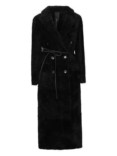 Blancha Double-breasted Belted Coat In Black