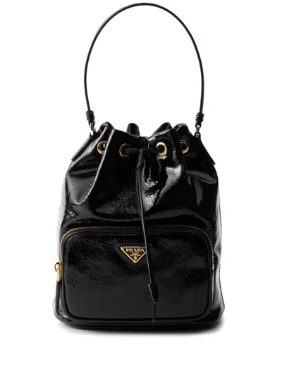Prada Leather Handle Bucket Bag With Adjustable Strap In Black