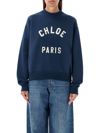 Chloé Crew Neck Logo Sweater In Blue