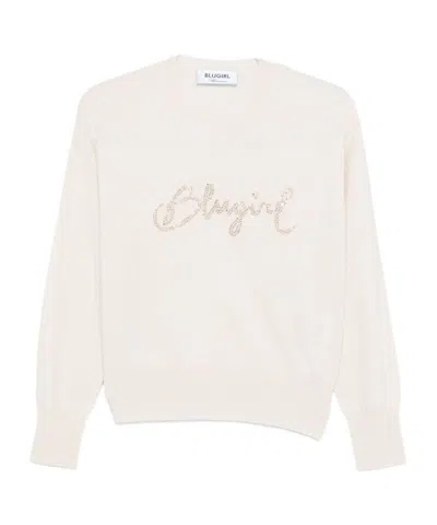 Blugirl Relaxed Fit White Sweater With Sequin Script Logo In Neutral