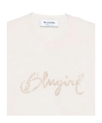 Blugirl Relaxed Fit White Sweater With Sequin Script Logo In Neutral