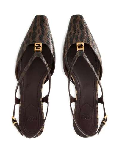 Fendi Ffold Leopard-printed Snake Leather Slingback Flats In Brown